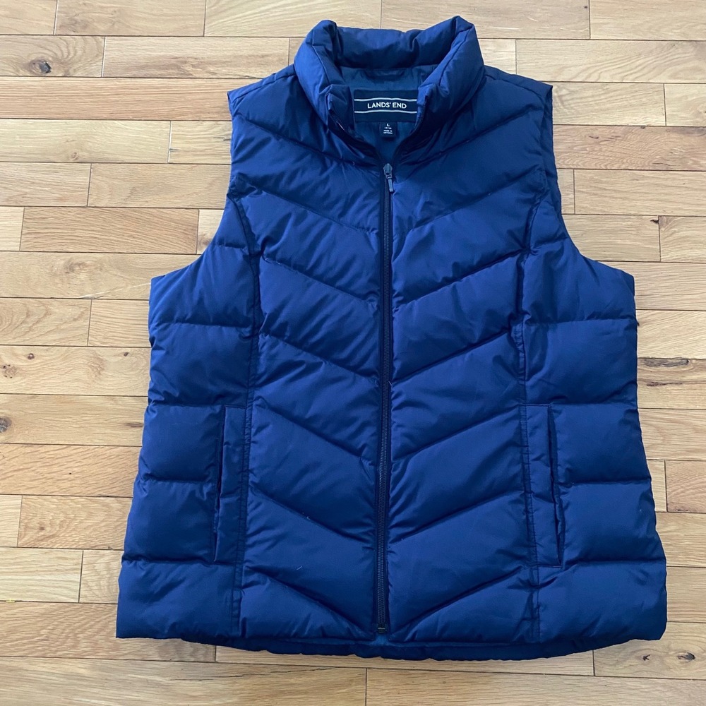 Lands End Navy Blue Puffer Vest Womens Large Chevron Quilted Full Zip Sleeveless - Picture 1 of 5